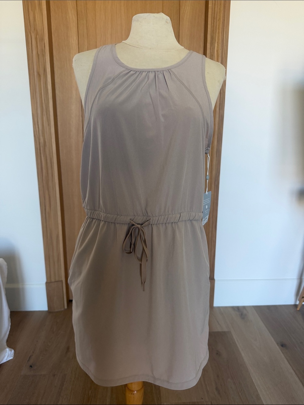 Zella Sleeveless Drawstring Waist Dress in Taupe